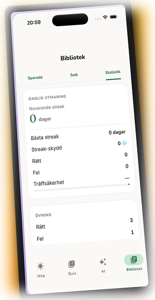 Skärmdump av statistik och streak i Glosa